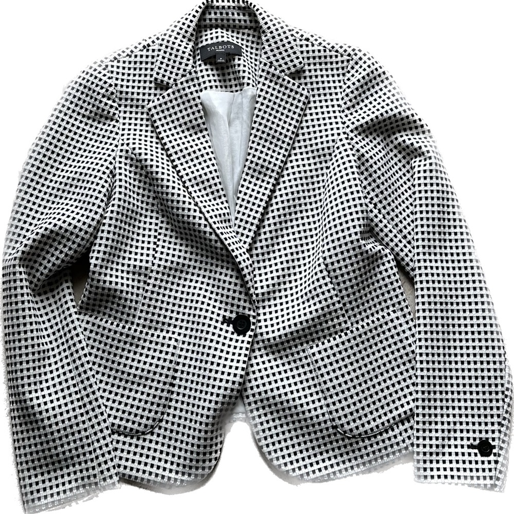Talbots Windowpane Plaid Textured Checker Print Lined Career Blazer Black White